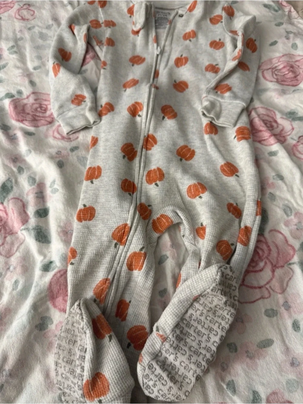 Carter's Cream Waffle Knit Footed One-Piece with Orange Pumpkin Print